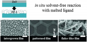 Solvent-free synthesis of supported ZIF-8 films and patterns through transformation of deposited zinc oxide precursors