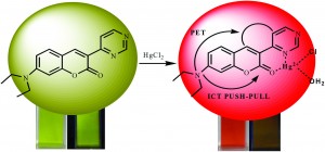  ‘Pet’ vs. ‘Push-Pull’ induced ICT: A remarkable Coumarinyl-appended Pyrimidine based Naked Eye Colorimetric and Fluorimetric Sensor for detection of Hg2+ ion in aqueous media with test trips