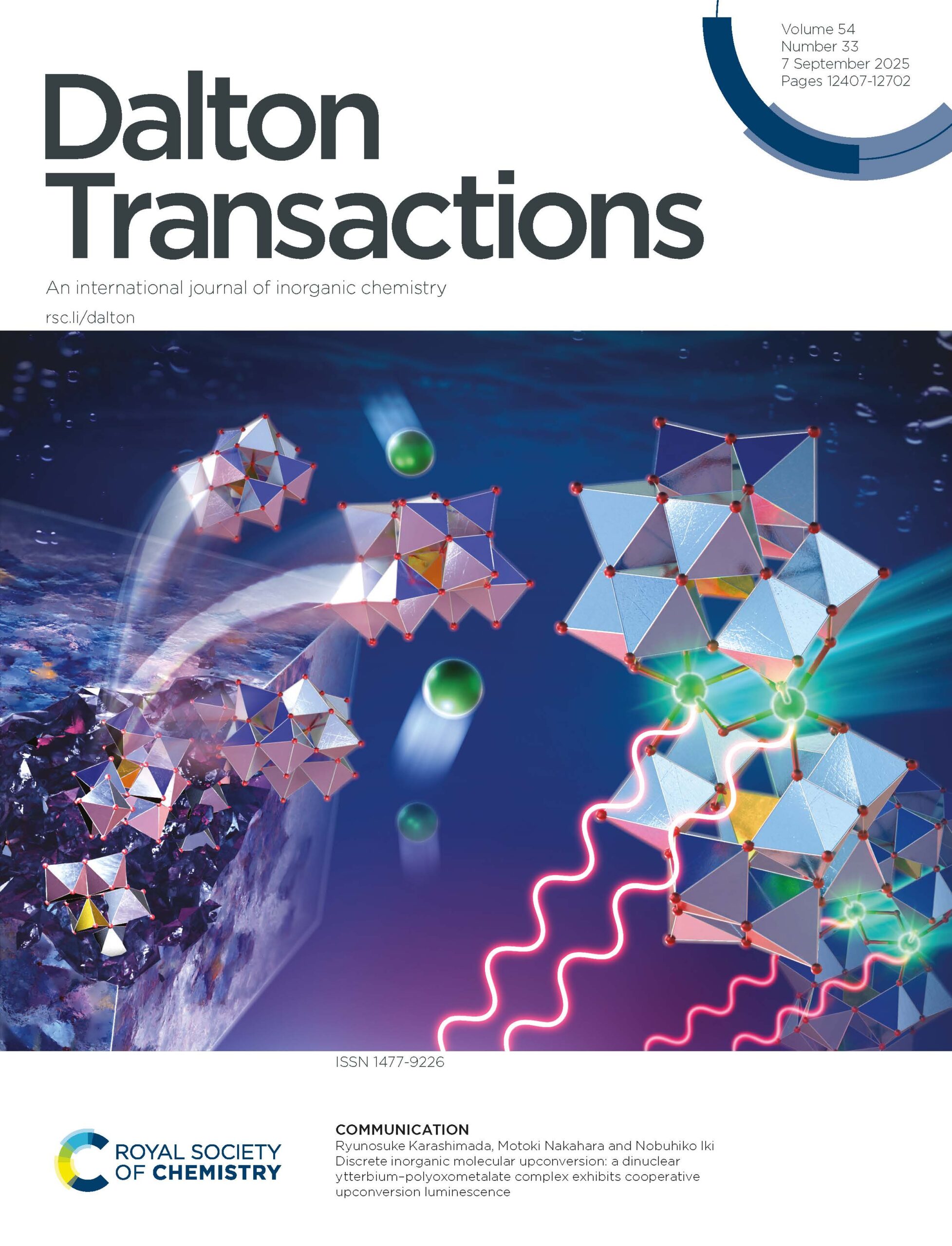 Dalton Transactions outside front cover for vol 54, issue 33.