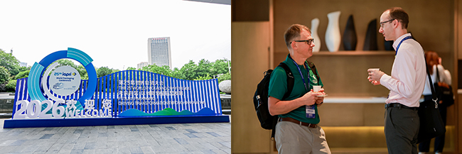 A photograph of the IAPRI entrance, and a photograph of Alexander Whiteside meeting Rafael Auras
