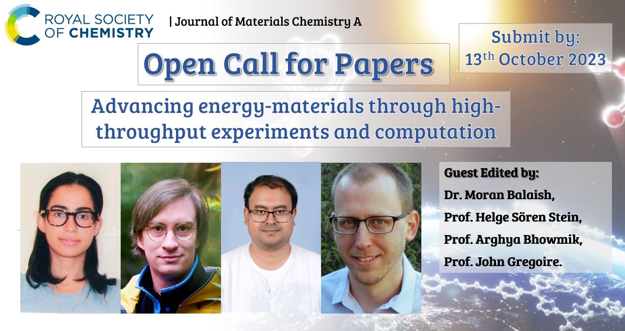 Banner with photos of Guest editors: Dr. Moran Balaish, Prof. Helge Sören Stein, Prof. Arghya Bhowmik, Prof. John Gregoire Background: Journal of Materials Chemistry A background image (Earth with 3D modelled molecules linking around the globe)