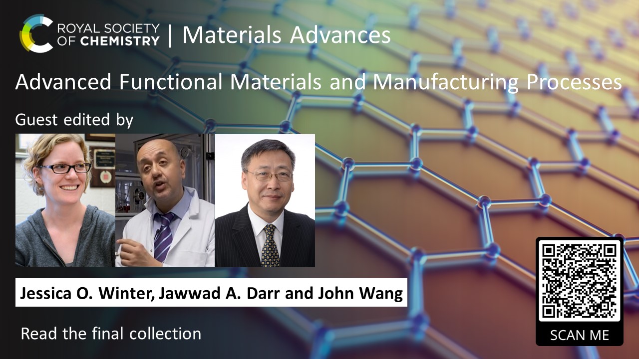 Promotional graphic of Materials Advances themed collection on Advanced functional materials and manufacturing, with photos of authors Jessica O. Winter, Jawwad A. Darr and John Wang included, from left to right.