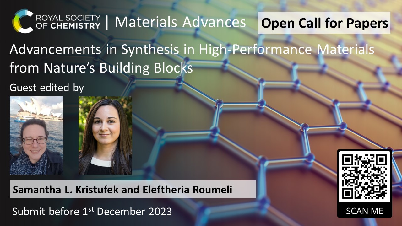 Promotional graphic for open call for paper for Advancements in Synthesis of High-Performance Materials from Nature's Building Blocks, with profile pictures of guest editors Samantha L. Kristufek and Eleftheria Roumeli included, from left to right.