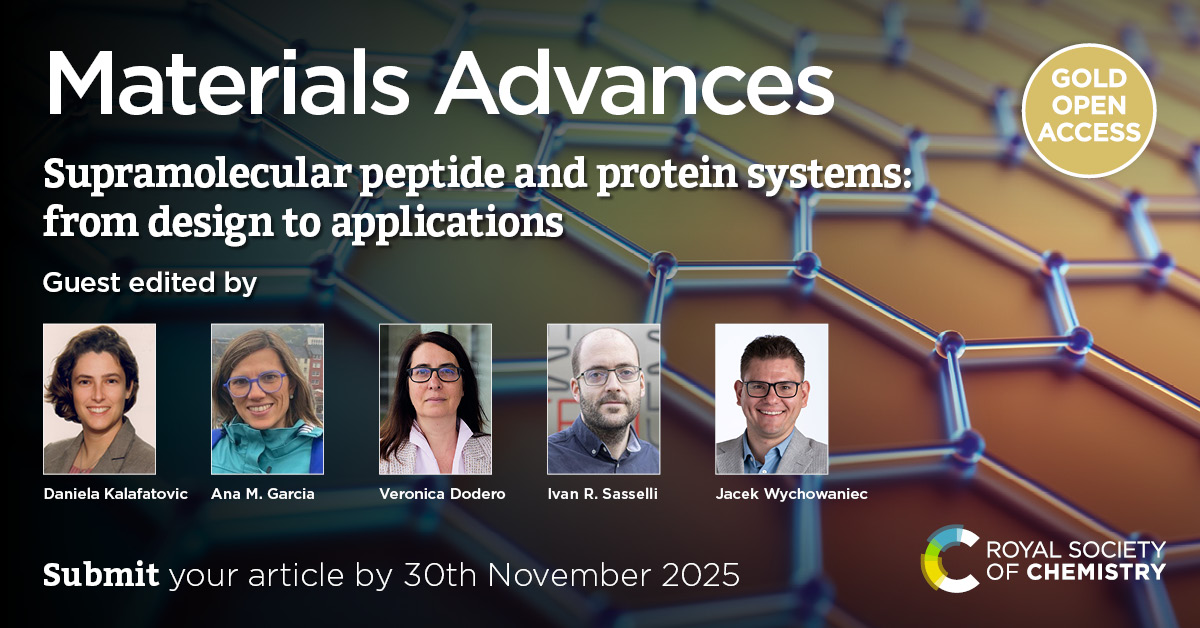 Promotional slide of 'Supramolecular Peptide & Protein Systems' Materials Advances themed collection with photos of Guest Editors and submission deadline (30 Nov 2025). 