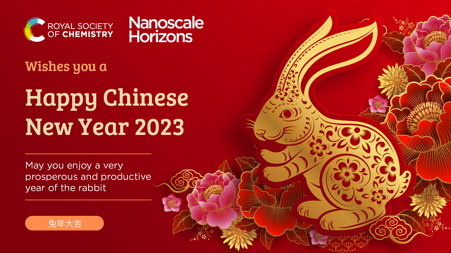 Nanoscale Horizons Chinese New Year promotional graphic with a red background and an image of a gold rabbit surrounded by flowers. Text reads: "Nanoscale Horizons Wishes you a Happy Chinese New Year 2023, May you enjoy a very prosperous and productive year of the rabbit".