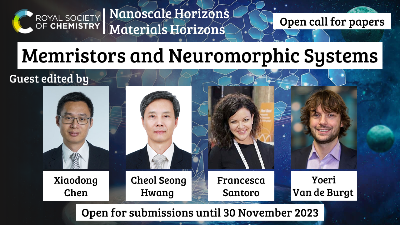 Memristors and neuromorphic systems open call graphic. Includes photos of the guest editors Xiaodong Chen, Cheol Seong Hwang, Francesca Santoro and Yoeri Van de Burgt.