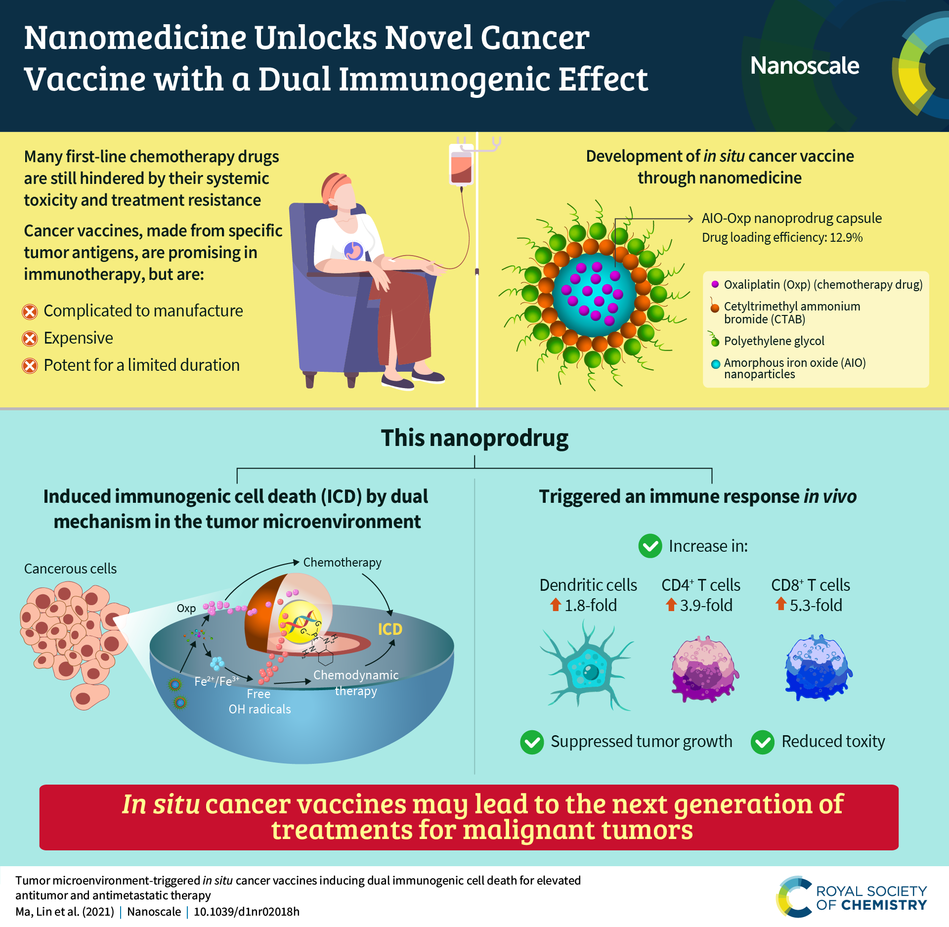 An infographic summarising the content of the article “Tumor microenvironment-triggered in situ cancer vaccines inducing dual immunogenic cell death for elevated antitumor and antimetastatic therapy"