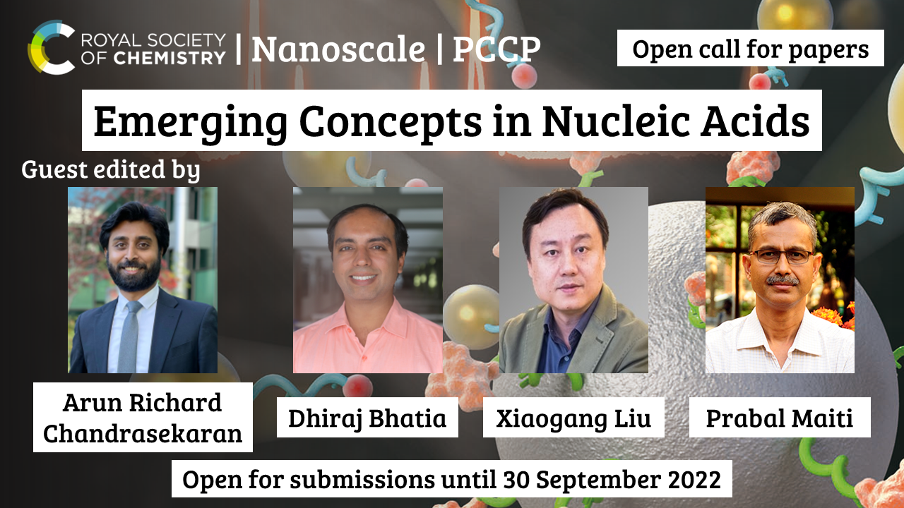 Emerging Concepts in Nucleic Acids open call for papers promotional graphic. Guest edited by Arun Richard Chandrasekaran, Dhiraj Bhatia, Xiaogang Liu and Prabal Maiti. Open for submissions until 30 September 2022.