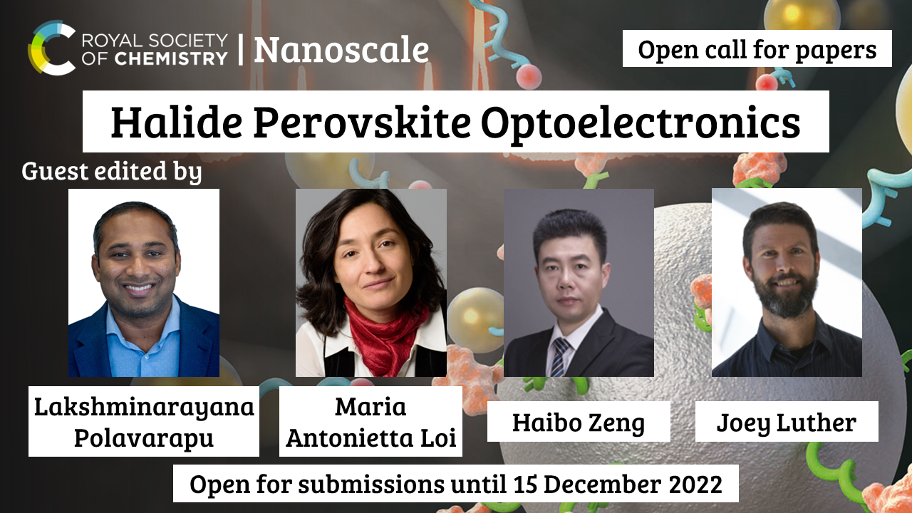 Halide Perovskite Optoelectronics open call for papers promotional graphic. Guest edited by Lakshminarayana Polavarapu, Maria Antonietta Loi, Haibo Zeng and Joey Luther. Open for submissions until 15 December 2022.