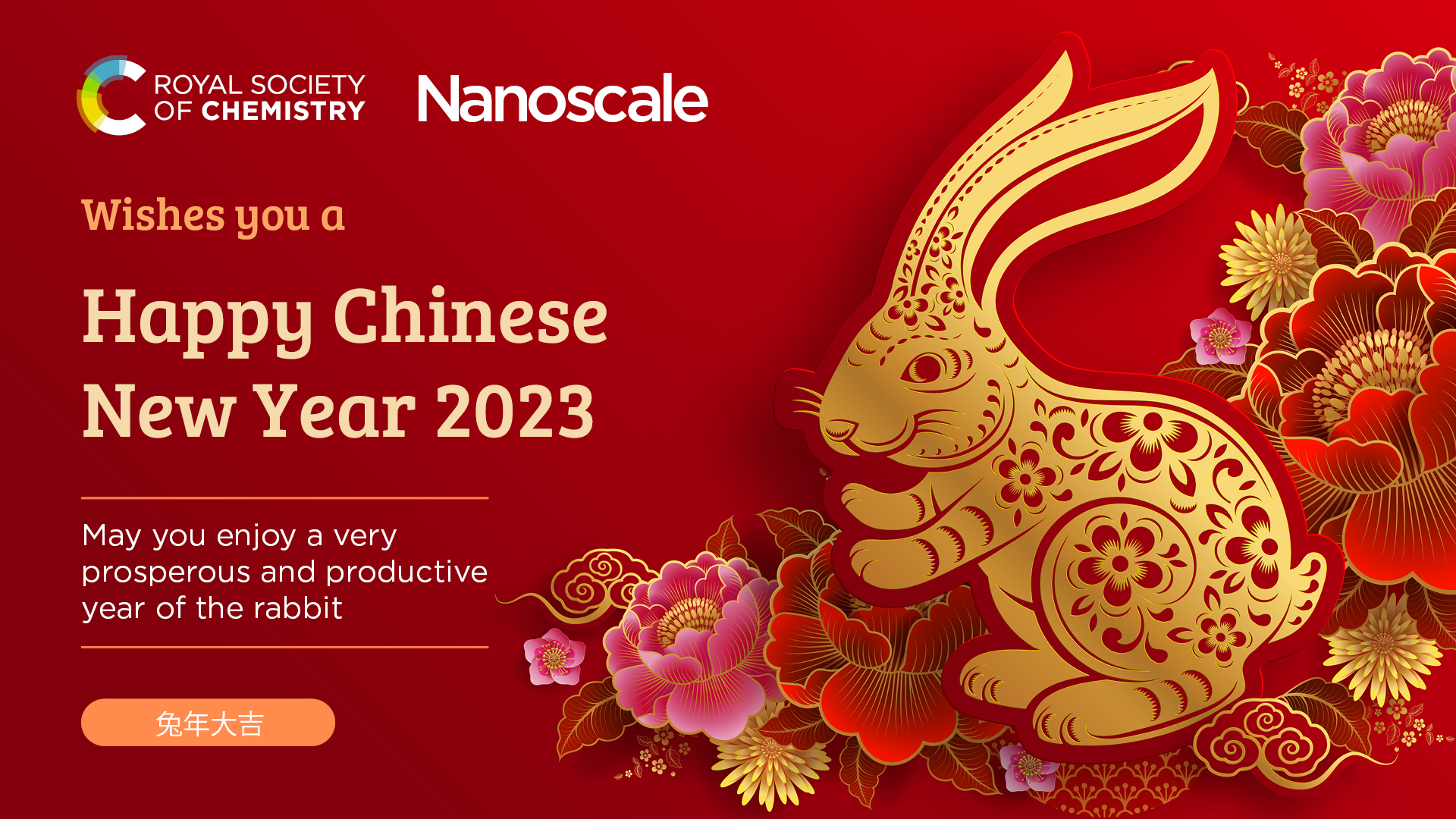 Nanoscale Chinese New Year promotional graphic with a red background and an image of a gold rabbit surrounded by flowers. Text reads: "Nanoscale Wishes you a Happy Chinese New Year 2023, May you enjoy a very prosperous and productive year of the rabbit".