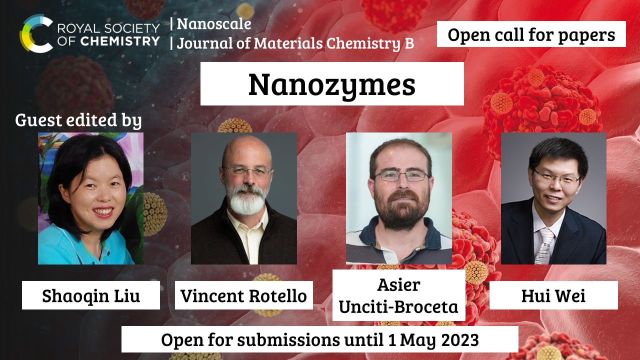 Nanozymes open call for papers promotional graphic. Guest edited by by Shaoqin Liu, Vincent Rotello, Asier Unciti-Broceta and Hui Wei. Open for submissions until 1 May 2023.