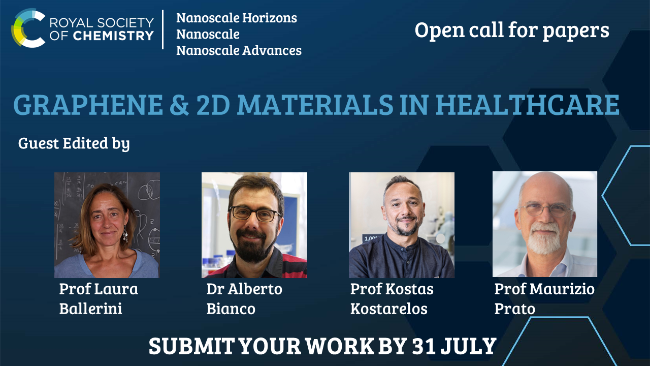 Graphene and 2D materials in healthcare open call for papers promotional graphic. Guest edited by Laura Ballerini, Alberto Bianco, Kostas Kostarelos and Maurizio Prato. Open for submissions until 31 July 2023.