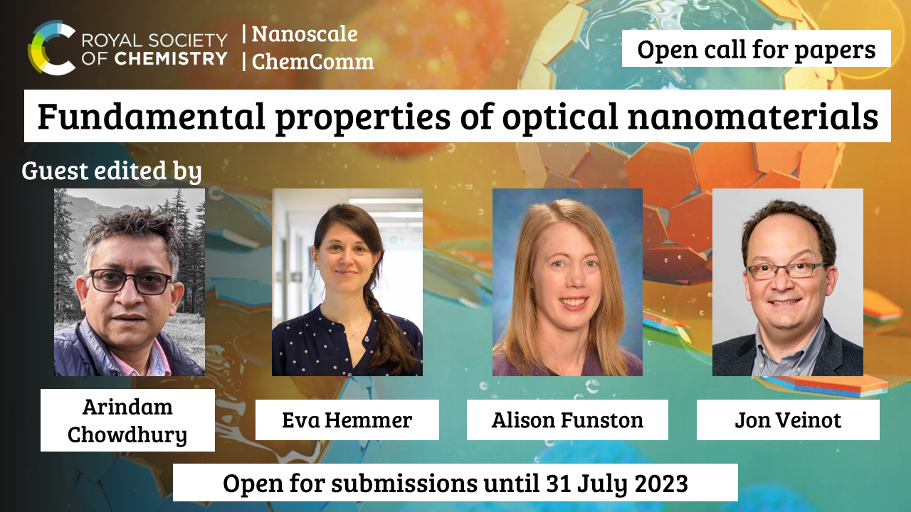 Fundamental properties of optical nanomaterials open call for papers promotional graphic. Guest edited by Arindam Chowdhury, Eva Hemmer, Alison Funston and Jon Veinot. Open for submissions until 31 July 2023.