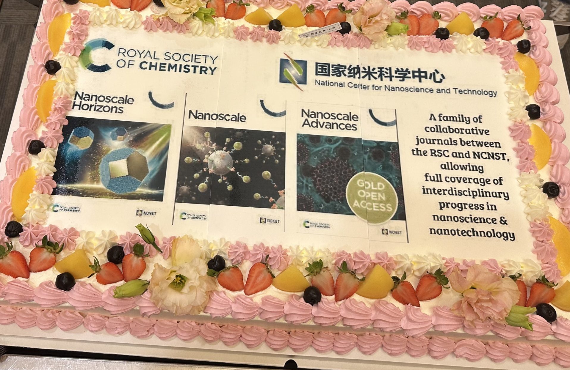 Cake printed with the RSC logo, NCNST logo, and three Nanoscale journal family journals.