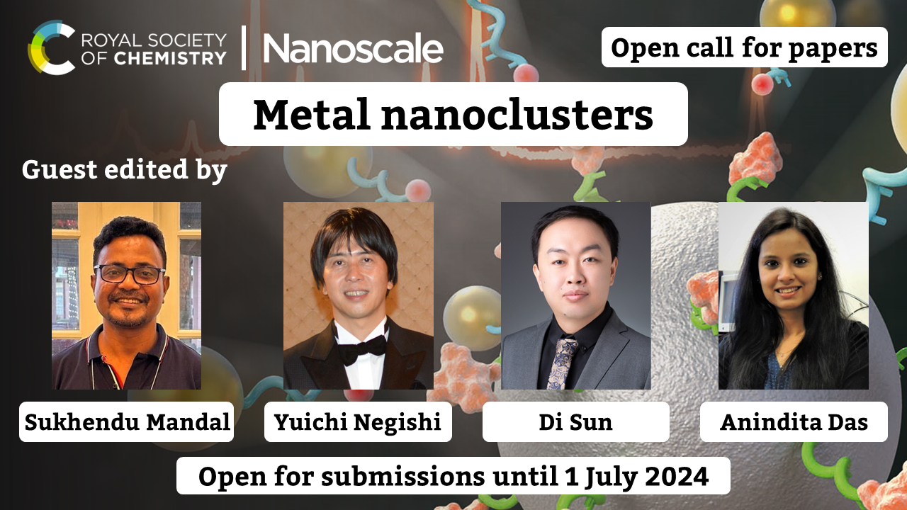 Metal nanoclusters open call for papers promotional graphic. Includes photos of the guest editors Sukhendu Mandal, Yuichi Negishi, Di Sun and Anindita Das. Open for submissions until 1 July 2024.