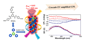 Graphical abstract image for Cascade energy transfer boosted near-infrared circularly polarized luminescence of nanofibers from an exclusively achiral system.