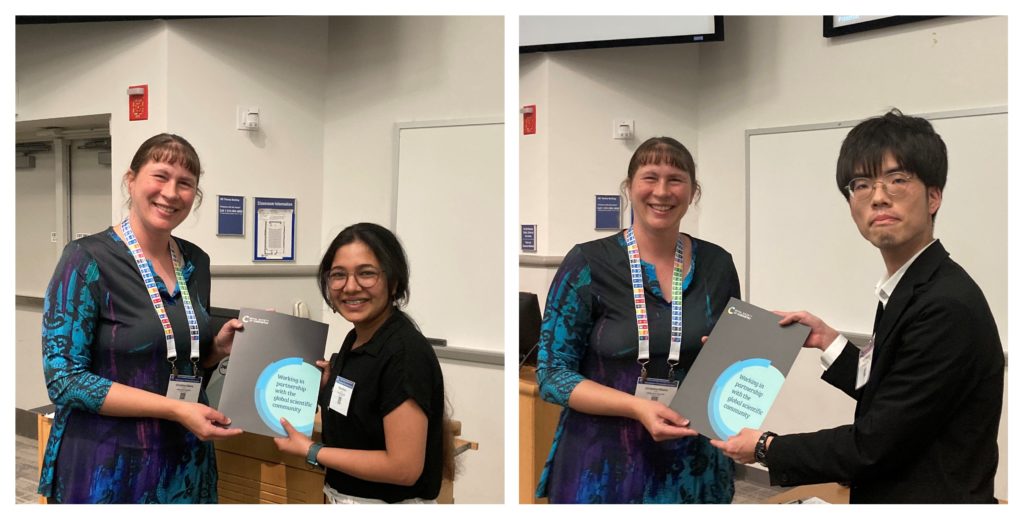 Photos of the poster prizes being awarded at ISMPC. Left photo shows Christine Aikens (left) and Maya Khatun (right). Right photo shows Christine Aikens (left) and Yuto Fukumoto (right).