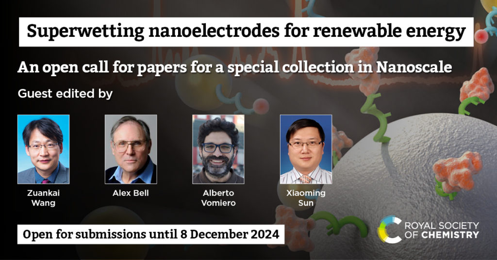 Superwetting nanoelectrodes open call for papers promotional graphic. Includes photos of the guest editors Zuankai Wang, Alex Bell, Alberto Vomiero and Xiaoming Sun . Open for submissions until 8 December 2024.