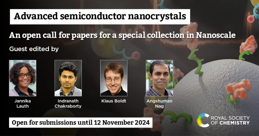 Semiconductor nanocrystals open call for papers promotional graphic. Includes photos of the guest editors Jannika Lauth, Indranath Chakraborty, Klaus Boldt and Angshuman Nag. Open for submissions until 12 November 2024.