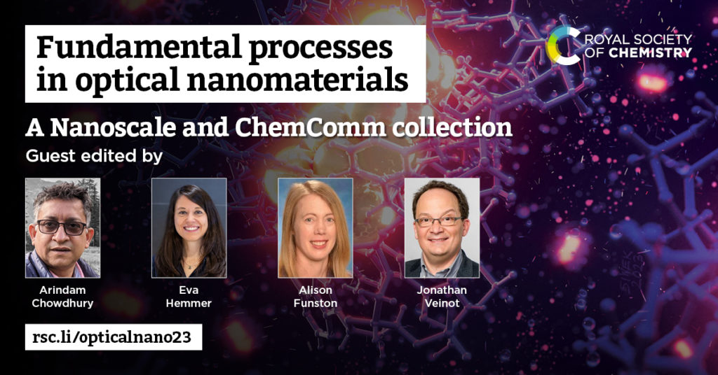 Fundamental processes in optical nanomaterials collection promotional graphic. Includes photos fo Arindam Chowdhury, Eva Hemmer, Alison Funston and Jonathan Veinot.