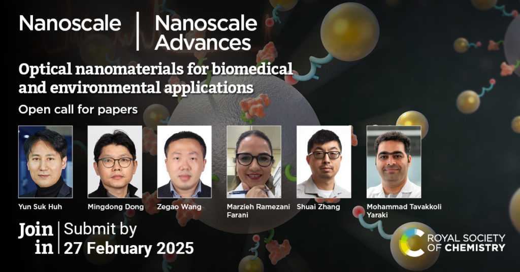 Optical nanomaterials open call for papers promotional graphic. Includes photos of the guest editors Yun Suk Huh, Mingdong Dong, Zegao Wang , Marzieh Ramezani Farani, Shuai Zhang and Mohammad Tavakoli Yaraki. 