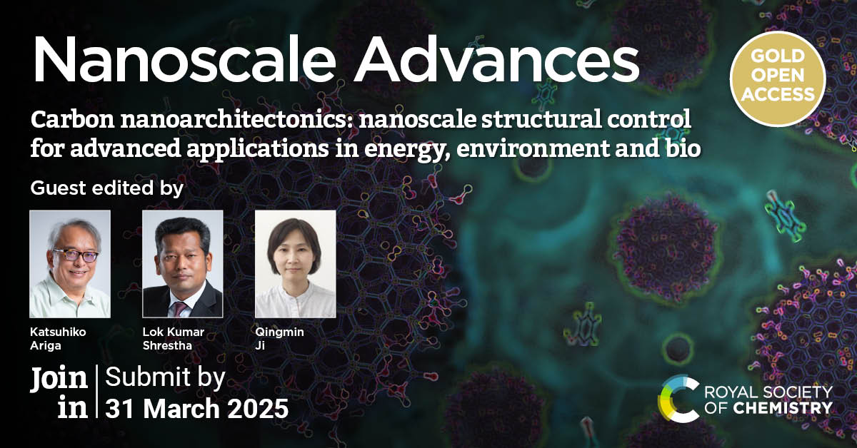 Promotional slide of 'Carbon nanoarchitectonics: nanoscale structural control for advanced applications in energy, environment and bios' Nanoscale Advances themed collection with photos of Guest Editors and submission deadline (31 March 2025). 