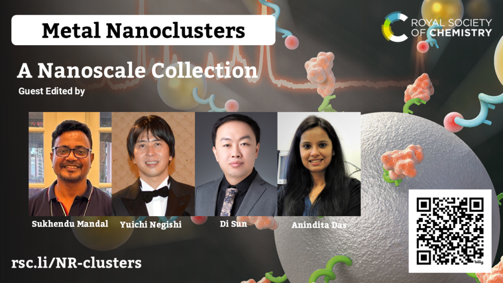 A promotional graphic for the metal nanoclusters collection, with photos of guest editors Sukhendu Mandal, Yuichi Negishi, Di Sun and Anindita Das