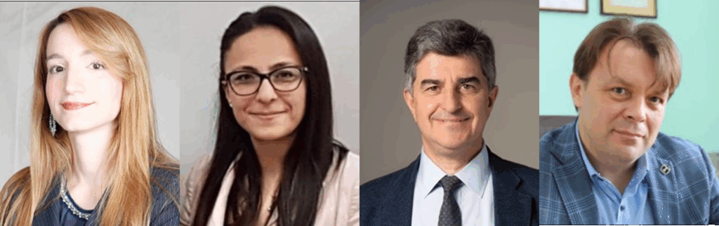 a graphic of the guest editors of the MXene chemistries in biology, medicine and sensing collection in Nanoscale from left Lucia Gemma Delogu, Acelya Yilmazer, Yury Gogotsi, , and Maksym Pogorielov