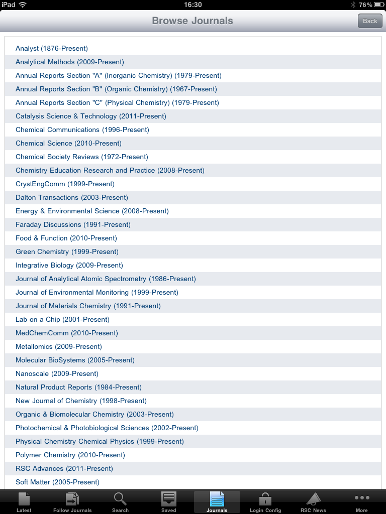 RSC Mobile journals list on the iPad